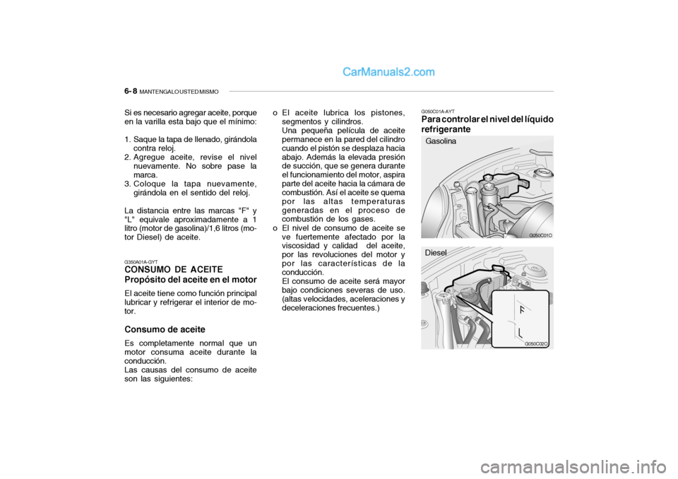 Hyundai Santa Fe 2006 Manual del propietario (in Spanish) 6- 8
MANTENGALO USTED MISMO
G050C01A-AYTPara controlar el nivel del líquido
refrigerante
G050C01OG050C02O
o El aceite lubrica los pistones,
segmentos y cilindros.
Una pequeña película de aceite
p Hyundai Santa Fe 2006 Manual del propietario (in Spanish) 6- 8
MANTENGALO USTED MISMO
G050C01A-AYTPara controlar el nivel del líquido
refrigerante
G050C01OG050C02O
o El aceite lubrica los pistones,
segmentos y cilindros.
Una pequeña película de aceite
p