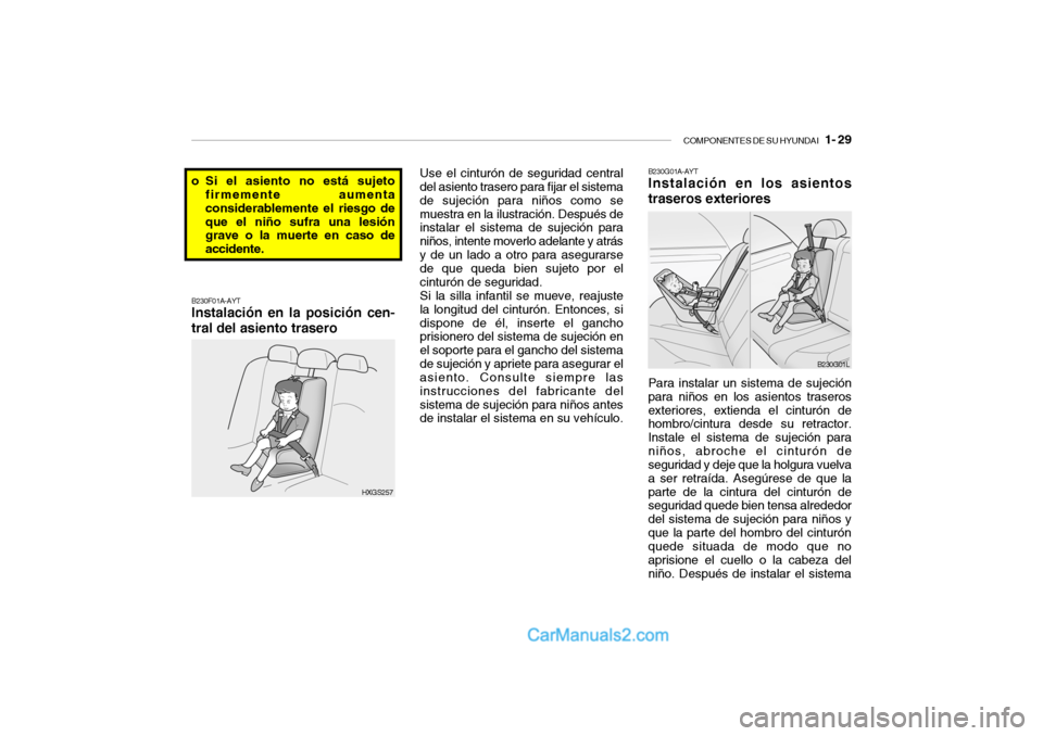 Hyundai Santa Fe 2006 Manual del propietario (in Spanish) COMPONENTES DE SU HYUNDAI
1- 29
B230F01A-AYTInstalación en la posición cen-
tral del asiento trasero
Use el cinturón de seguridad central
del asiento trasero para fijar el sistema
de sujeción p Hyundai Santa Fe 2006 Manual del propietario (in Spanish) COMPONENTES DE SU HYUNDAI
1- 29
B230F01A-AYTInstalación en la posición cen-
tral del asiento trasero
Use el cinturón de seguridad central
del asiento trasero para fijar el sistema
de sujeción p