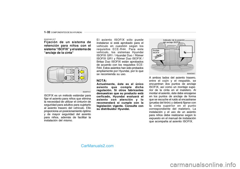 Hyundai Santa Fe 2006 Manual del propietario (in Spanish) 1- 32
COMPONENTES DE SU HYUNDAI
A ambos lados del asiento trasero,
entre el cojín y el respaldo, se
encuentran dos puntos de anclaje
ISOFIX, así como un montaje supe-
rior de la cinta en el malete Hyundai Santa Fe 2006 Manual del propietario (in Spanish) 1- 32
COMPONENTES DE SU HYUNDAI
A ambos lados del asiento trasero,
entre el cojín y el respaldo, se
encuentran dos puntos de anclaje
ISOFIX, así como un montaje supe-
rior de la cinta en el malete
