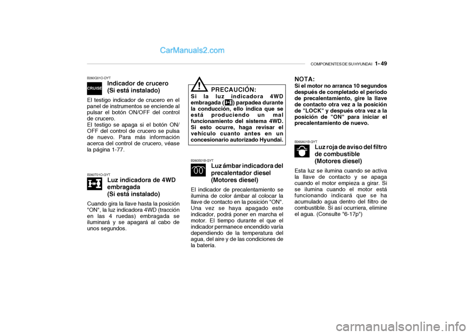 Hyundai Santa Fe 2006 Manual del propietario (in Spanish) COMPONENTES DE SU HYUNDAI
1- 49
B265A01B-GYT
Luz roja de aviso del filtro
de combustible
(Motores diesel)
Esta luz se ilumina cuando se activa
la llave de contacto y se apaga
cuando el motor empiez Hyundai Santa Fe 2006 Manual del propietario (in Spanish) COMPONENTES DE SU HYUNDAI
1- 49
B265A01B-GYT
Luz roja de aviso del filtro
de combustible
(Motores diesel)
Esta luz se ilumina cuando se activa
la llave de contacto y se apaga
cuando el motor empiez