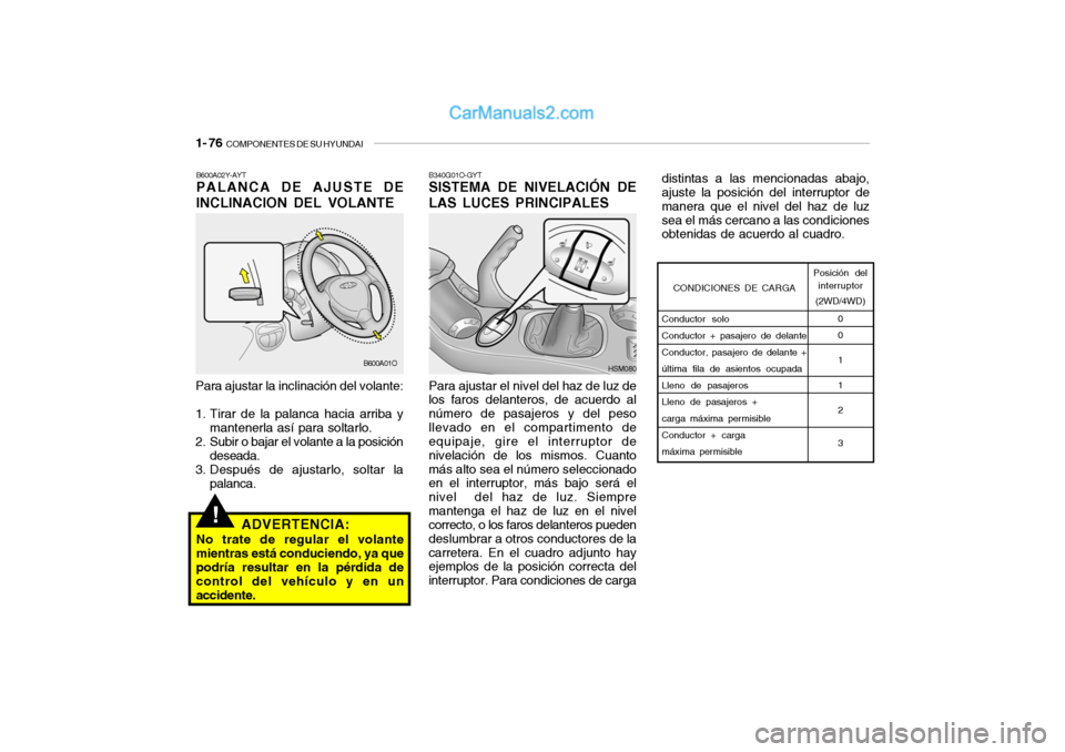 Hyundai Santa Fe 2006 Manual del propietario (in Spanish) 1- 76
COMPONENTES DE SU HYUNDAI
B340G01O-GYTSISTEMA DE NIVELACIÓN DE
LAS LUCES PRINCIPALESPara ajustar el nivel del haz de luz de
los faros delanteros, de acuerdo al
número de pasajeros y del peso Hyundai Santa Fe 2006 Manual del propietario (in Spanish) 1- 76
COMPONENTES DE SU HYUNDAI
B340G01O-GYTSISTEMA DE NIVELACIÓN DE
LAS LUCES PRINCIPALESPara ajustar el nivel del haz de luz de
los faros delanteros, de acuerdo al
número de pasajeros y del peso