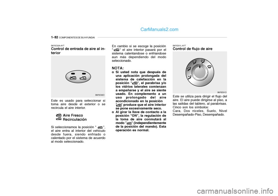 Hyundai Santa Fe 2006 Manual del propietario (in Spanish) 1- 82
COMPONENTES DE SU HYUNDAI
B670D01L-AYTControl de flujo de aireEste se utiliza para dirigir el flujo del
aire. El aire puede dirigirse al piso, a
las salidas del tablero, al parabrisas.
Cinco s Hyundai Santa Fe 2006 Manual del propietario (in Spanish) 1- 82
COMPONENTES DE SU HYUNDAI
B670D01L-AYTControl de flujo de aireEste se utiliza para dirigir el flujo del
aire. El aire puede dirigirse al piso, a
las salidas del tablero, al parabrisas.
Cinco s