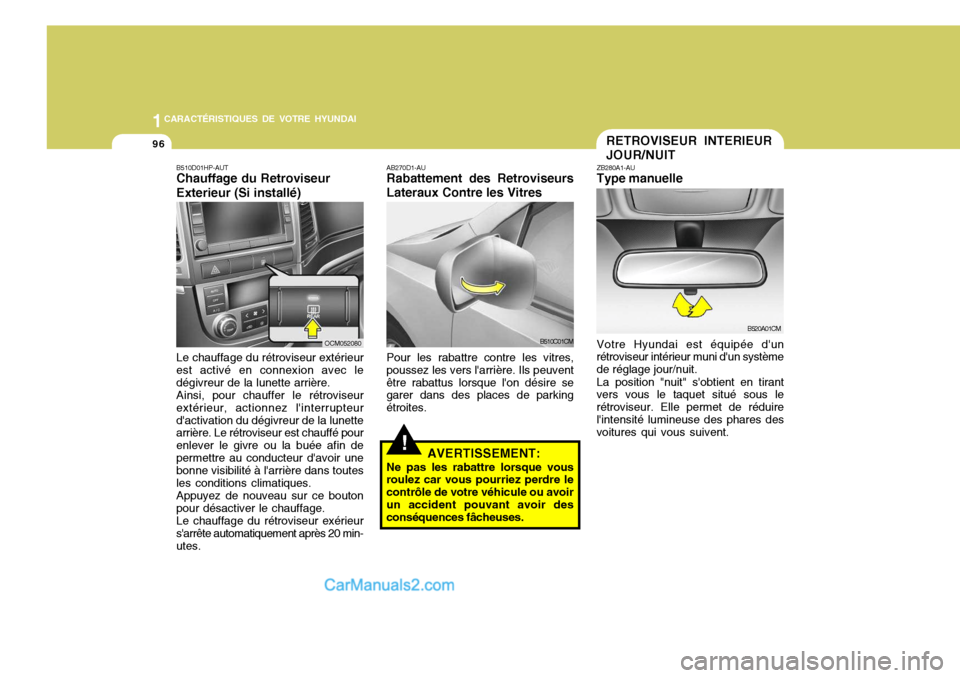 Hyundai Santa Fe 2006 Manuel du propriétaire (in French) 1CARACTÉRISTIQUES DE VOTRE HYUNDAI
96RETROVISEUR INTERIEUR JOUR/NUIT
ZB280A1-AU Type manuelle Votre Hyundai est équipée dun
rétroviseur intérieur muni dun système de réglage jour/nuit.
La pos Hyundai Santa Fe 2006 Manuel du propriétaire (in French) 1CARACTÉRISTIQUES DE VOTRE HYUNDAI
96RETROVISEUR INTERIEUR JOUR/NUIT
ZB280A1-AU Type manuelle Votre Hyundai est équipée dun
rétroviseur intérieur muni dun système de réglage jour/nuit.
La pos