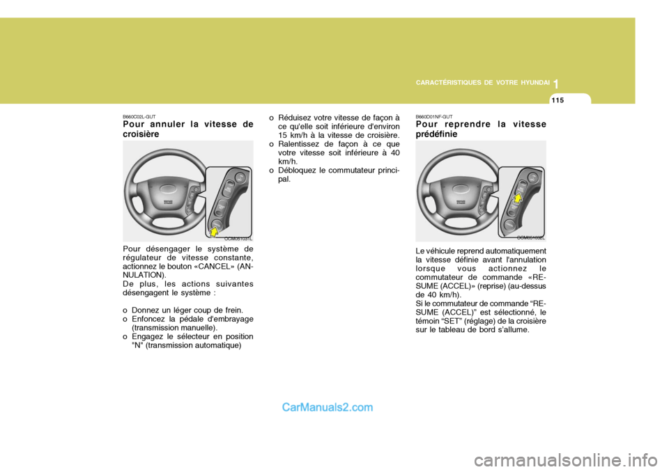 Hyundai Santa Fe 2006 Manuel du propriétaire (in French) 1
CARACTÉRISTIQUES DE VOTRE HYUNDAI
115
Pour désengager le système de régulateur de vitesse constante,actionnez le bouton «CANCEL» (AN- NULATION). De plus, les actions suivantes désengagent le Hyundai Santa Fe 2006 Manuel du propriétaire (in French) 1
CARACTÉRISTIQUES DE VOTRE HYUNDAI
115
Pour désengager le système de régulateur de vitesse constante,actionnez le bouton «CANCEL» (AN- NULATION). De plus, les actions suivantes désengagent le