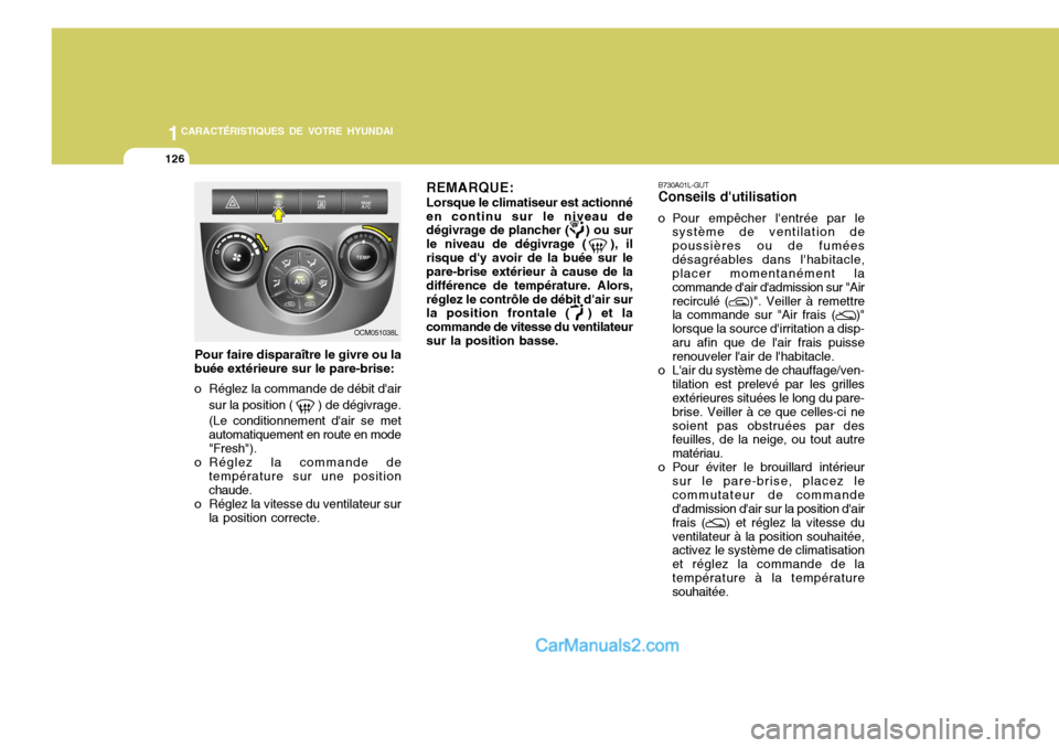 Hyundai Santa Fe 2006 Manuel du propriétaire (in French) 1CARACTÉRISTIQUES DE VOTRE HYUNDAI
126
B730A01L-GUT Conseils dutilisation
o Pour empêcher lentrée par le système de ventilation de poussières ou de fuméesdésagréables dans lhabitacle, place Hyundai Santa Fe 2006 Manuel du propriétaire (in French) 1CARACTÉRISTIQUES DE VOTRE HYUNDAI
126
B730A01L-GUT Conseils dutilisation
o Pour empêcher lentrée par le système de ventilation de poussières ou de fuméesdésagréables dans lhabitacle, place
