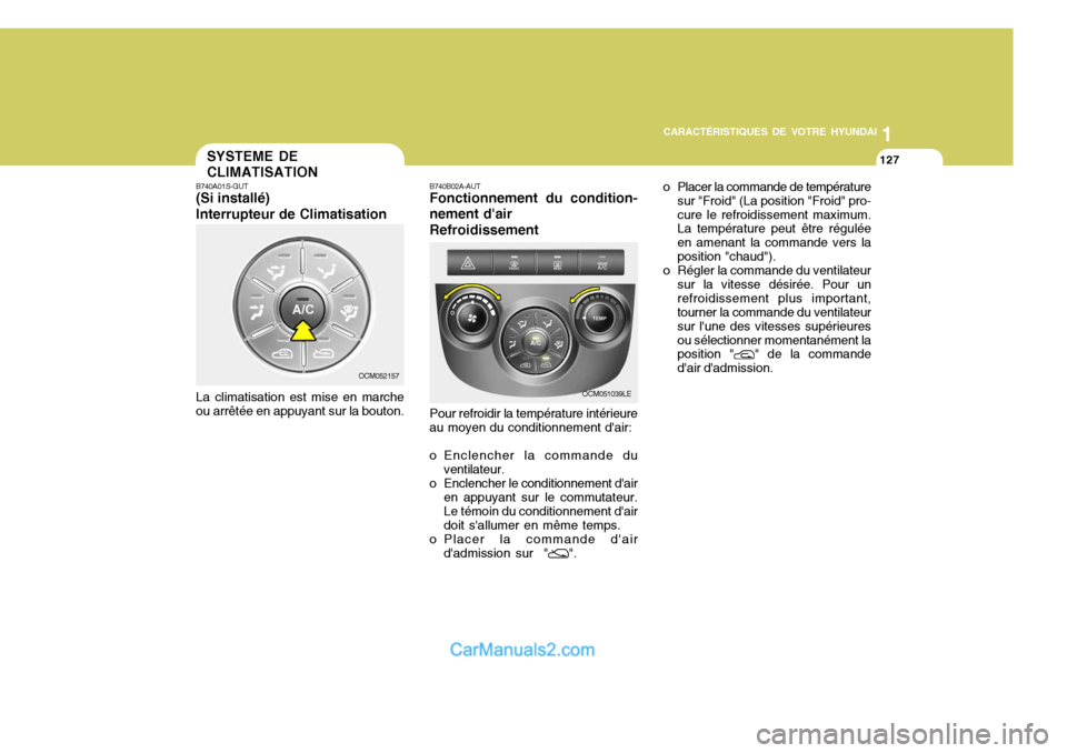 Hyundai Santa Fe 2006 Manuel du propriétaire (in French) 1
CARACTÉRISTIQUES DE VOTRE HYUNDAI
127
1
CARACTÉRISTIQUES DE VOTRE HYUNDAI
127SYSTEME DE CLIMATISATION
B740A01S-GUT (Si installé) Interrupteur de Climatisation La climatisation est mise en marche Hyundai Santa Fe 2006 Manuel du propriétaire (in French) 1
CARACTÉRISTIQUES DE VOTRE HYUNDAI
127
1
CARACTÉRISTIQUES DE VOTRE HYUNDAI
127SYSTEME DE CLIMATISATION
B740A01S-GUT (Si installé) Interrupteur de Climatisation La climatisation est mise en marche
