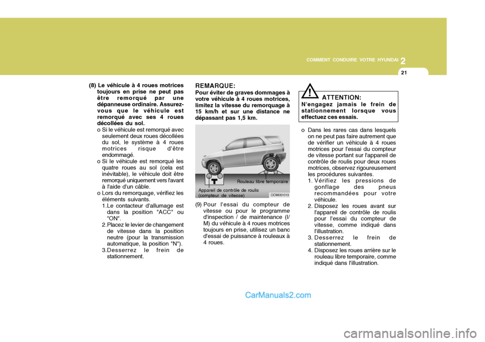 Hyundai Santa Fe 2006 Manuel du propriétaire (in French) 2
COMMENT CONDUIRE VOTRE HYUNDAI
21
(8) Le véhicule à 4 roues motrices toujours en prise ne peut pas être remorqué par une dépanneuse ordinaire. Assurez- vous que le véhicule estremorqué avec s Hyundai Santa Fe 2006 Manuel du propriétaire (in French) 2
COMMENT CONDUIRE VOTRE HYUNDAI
21
(8) Le véhicule à 4 roues motrices toujours en prise ne peut pas être remorqué par une dépanneuse ordinaire. Assurez- vous que le véhicule estremorqué avec s