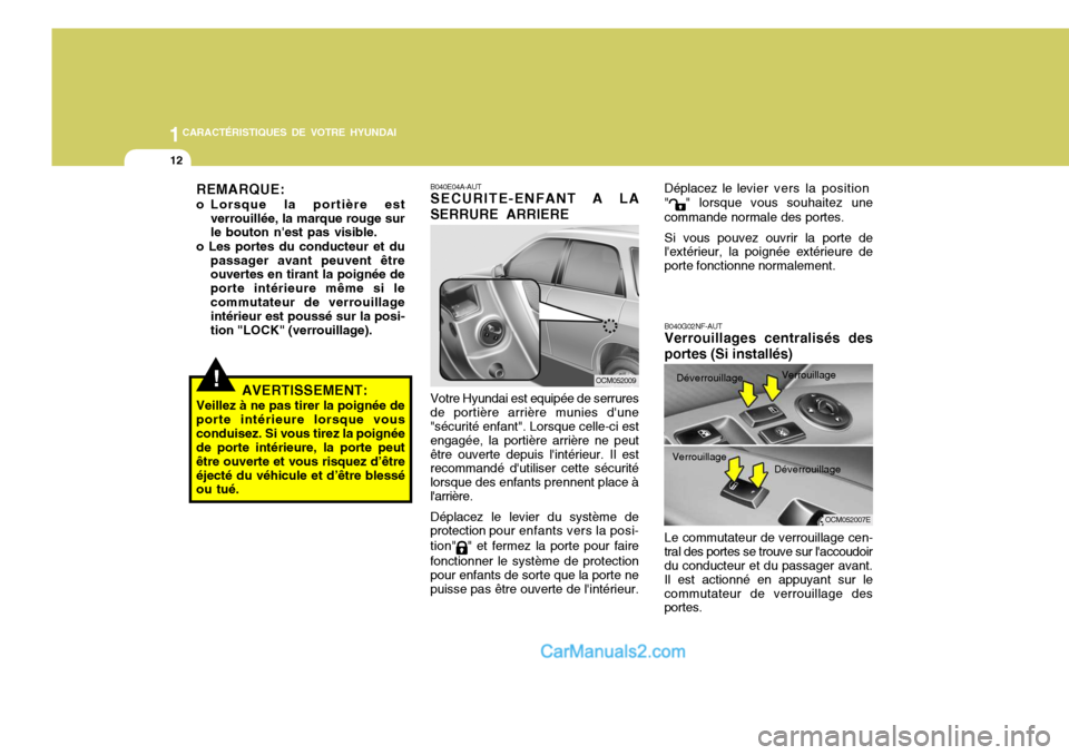 Hyundai Santa Fe 2006  Manuel du propriétaire (in French) 1CARACTÉRISTIQUES DE VOTRE HYUNDAI
12
Déplacez le levier vers la 
position
"
" lorsque vous souhaitez une
commande normale des portes. Si vous pouvez ouvrir la porte de lextérieur, la poignée ext