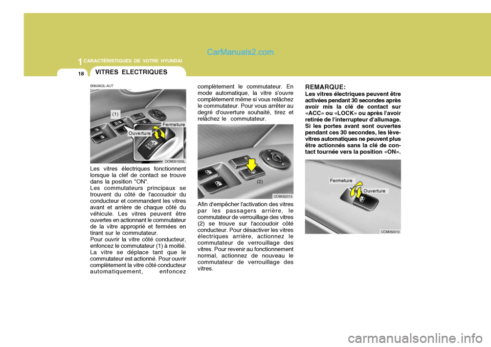 Hyundai Santa Fe 2006 Manuel du propriétaire (in French) 1CARACTÉRISTIQUES DE VOTRE HYUNDAI
18
REMARQUE:
Les vitres électriques peuvent être
activées pendant 30 secondes après avoir mis la clé de contact sur «ACC» ou «LOCK» ou après lavoirretir Hyundai Santa Fe 2006 Manuel du propriétaire (in French) 1CARACTÉRISTIQUES DE VOTRE HYUNDAI
18
REMARQUE:
Les vitres électriques peuvent être
activées pendant 30 secondes après avoir mis la clé de contact sur «ACC» ou «LOCK» ou après lavoirretir