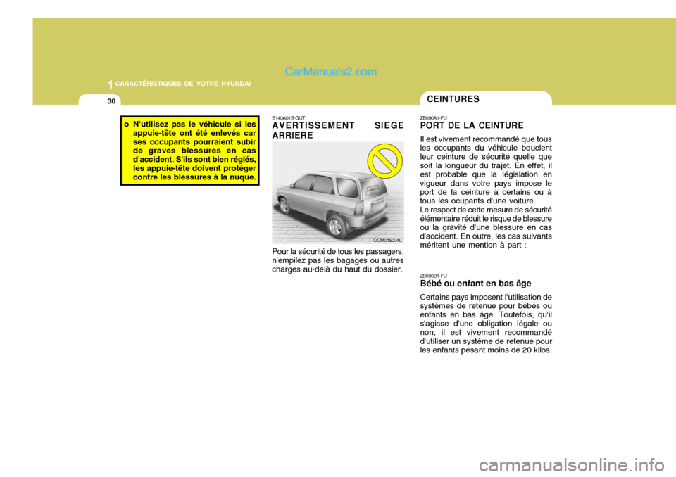 Hyundai Santa Fe 2006  Manuel du propriétaire (in French) 1CARACTÉRISTIQUES DE VOTRE HYUNDAI
30CEINTURES
B140A01B-GUT AVERTISSEMENT SIEGE
ARRIERE
Pour la sécurité de tous les passagers,
nempilez pas les bagages ou autres charges au-delà du haut du dossi