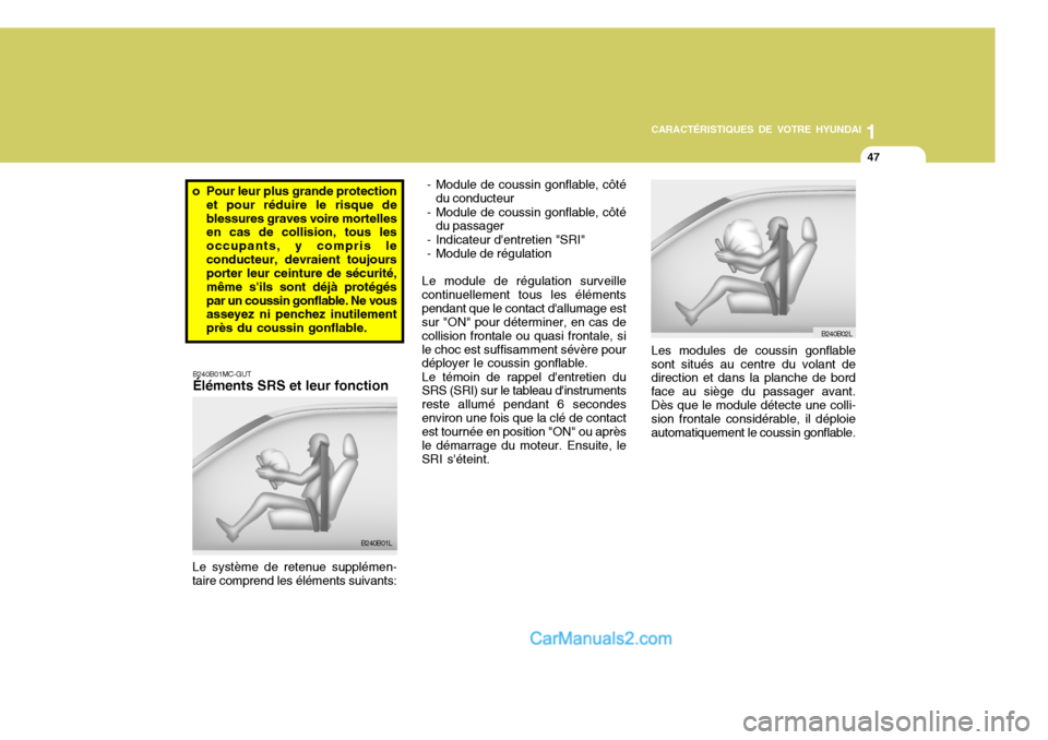 Hyundai Santa Fe 2006  Manuel du propriétaire (in French) 1
CARACTÉRISTIQUES DE VOTRE HYUNDAI
47
o Pour leur plus grande protection
et pour réduire le risque de blessures graves voire mortelles en cas de collision, tous les occupants, y compris leconducteu