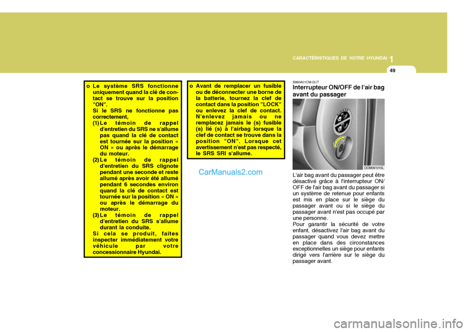 Hyundai Santa Fe 2006  Manuel du propriétaire (in French) 1
CARACTÉRISTIQUES DE VOTRE HYUNDAI
49
o Le système SRS fonctionne
uniquement quand la clé de con- tact se trouve sur la position "ON".Si le SRS ne fonctionne pascorrectement, 
(1) Le témoin de ra