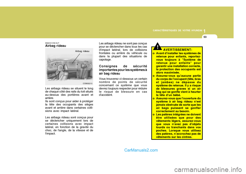 Hyundai Santa Fe 2006  Manuel du propriétaire (in French) 1
CARACTÉRISTIQUES DE VOTRE HYUNDAI
53
Les airbags rideau ne sont pas conçus pour se déclencher dans tous les casdimpact latéral, lors de collisions frontales ou arrière du véhicule ou dans la 