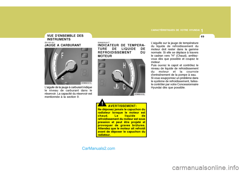 Hyundai Santa Fe 2006 Manuel du propriétaire (in French) 1
CARACTÉRISTIQUES DE VOTRE HYUNDAI
69VUE DENSEMBLE DES INSTRUMENTS
ZB110S1-AU JAUGE A CARBURANT
Laiguile de la jauge à carburant indique
le niveau de carburant dans le réservoir. La capacité du Hyundai Santa Fe 2006 Manuel du propriétaire (in French) 1
CARACTÉRISTIQUES DE VOTRE HYUNDAI
69VUE DENSEMBLE DES INSTRUMENTS
ZB110S1-AU JAUGE A CARBURANT
Laiguile de la jauge à carburant indique
le niveau de carburant dans le réservoir. La capacité du