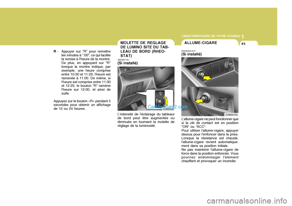 Hyundai Santa Fe 2006 Manuel du propriétaire (in French) 1
CARACTÉRISTIQUES DE VOTRE HYUNDAI
83
R - Appuyer sur "R" pour remettre
les minutes à ":00", ce qui facilite la remise à lheure de la montre.De plus, en appuyant sur "R"lorsque la montre indique Hyundai Santa Fe 2006 Manuel du propriétaire (in French) 1
CARACTÉRISTIQUES DE VOTRE HYUNDAI
83
R - Appuyer sur "R" pour remettre
les minutes à ":00", ce qui facilite la remise à lheure de la montre.De plus, en appuyant sur "R"lorsque la montre indique