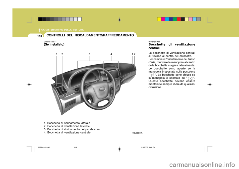 Hyundai Santa Fe 2006  Manuale del proprietario (in Italian) 1CARATTERISTICHE DELLA VETTURA
118CONTROLLI DEL RISCALDAMENTO/RAFFREDDAMENTO
B710A01TB-GTT 
(Se installato) 1. Bocchetta di sbrinamento laterale 2. Bocchetta di ventilazione laterale 3. Bocchetta di s