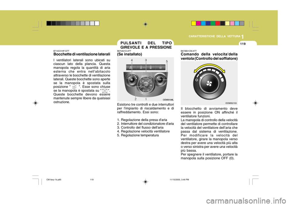 Hyundai Santa Fe 2006  Manuale del proprietario (in Italian) 1
CARATTERISTICHE DELLA VETTURA
119
B710C01HP-GTT Bocchette di ventilazione laterali I ventilatori laterali sono ubicati su ciascun lato della plancia. Questa manopola regola la quantità di ariaester
