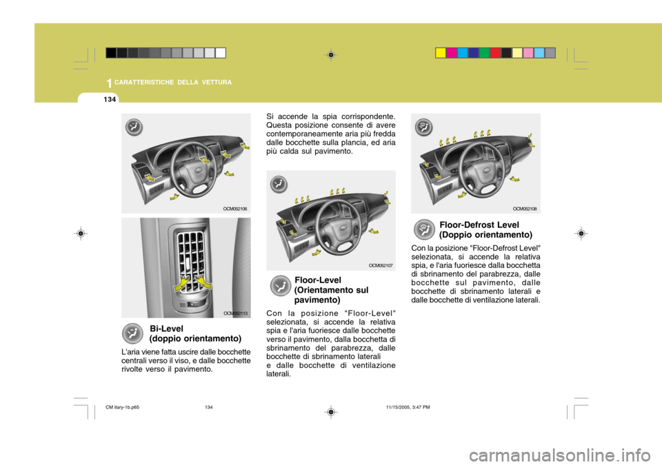 Hyundai Santa Fe 2006  Manuale del proprietario (in Italian) 1CARATTERISTICHE DELLA VETTURA
134
Si accende la spia corrispondente.
Questa posizione consente di avere contemporaneamente aria più fredda dalle bocchette sulla plancia, ed aria più calda sul pavim