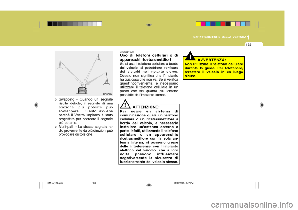 Hyundai Santa Fe 2006  Manuale del proprietario (in Italian) 1
CARATTERISTICHE DELLA VETTURA
139
B750B02Y-ATT Uso di telefoni cellulari o di
apparecchi ricetrasmettitori Se si usa il telefono cellulare a bordo
del veicolo, si potrebbero verificare dei disturbi 
