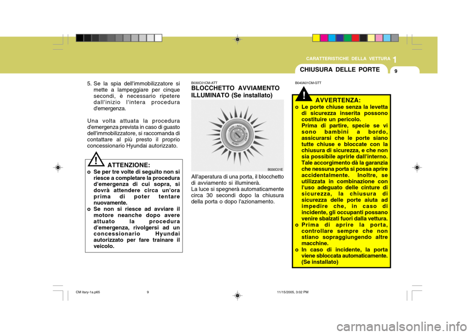 Hyundai Santa Fe 2006  Manuale del proprietario (in Italian) 1
CARATTERISTICHE DELLA VETTURA
9CHIUSURA DELLE PORTE
!
B030C01CM-ATT BLOCCHETTO AVVIAMENTO ILLUMINATO (Se installato) B040A01CM-GTT
AVVERTENZA:
o Le porte chiuse senza la levetta di sicurezza inserit