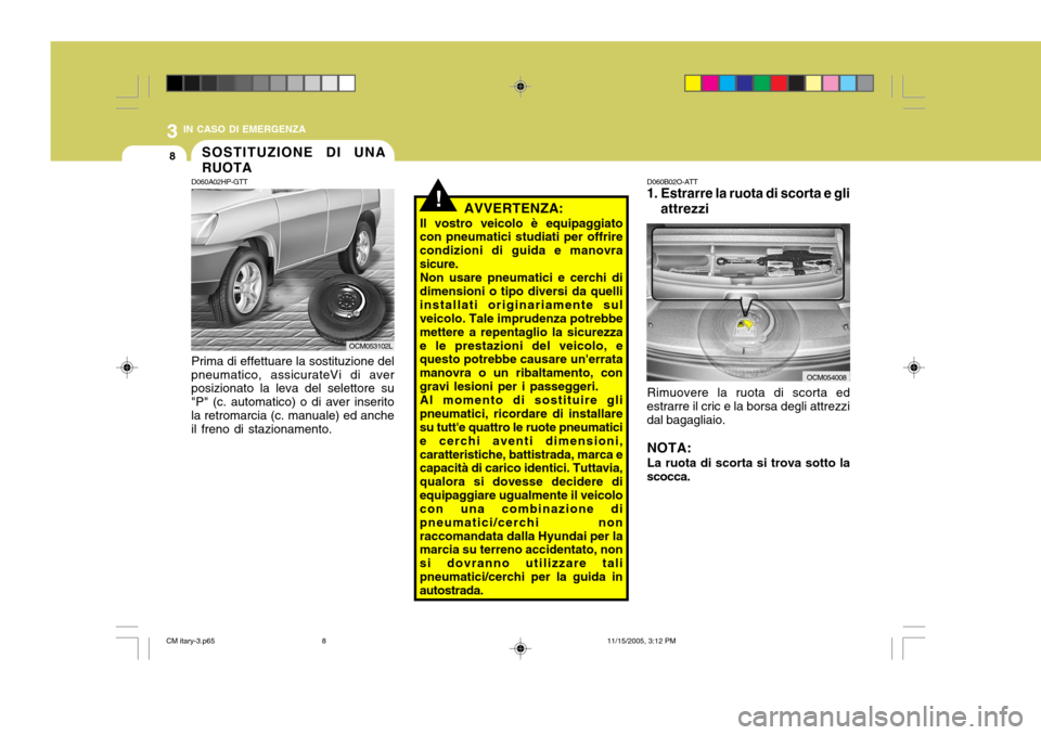 Hyundai Santa Fe 2006  Manuale del proprietario (in Italian) 3 IN CASO DI EMERGENZA
8
!
D060A02HP-GTT Prima di effettuare la sostituzione del
pneumatico, assicurateVi di aver posizionato la leva del selettore su "P" (c. automatico) o di aver inseritola retromar