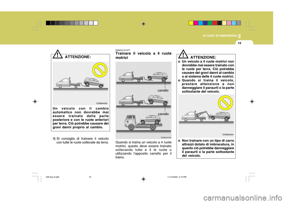 Hyundai Santa Fe 2006  Manuale del proprietario (in Italian) 3
IN CASO DI EMERGENZA
15
!
ATTENZIONE:
Un veicolo con il cambio
automatico non dovrebbe mai essere trainato dalla parteposteriore e con le ruote anteriori per terra. Ciò potrebbe causare dei gravi d