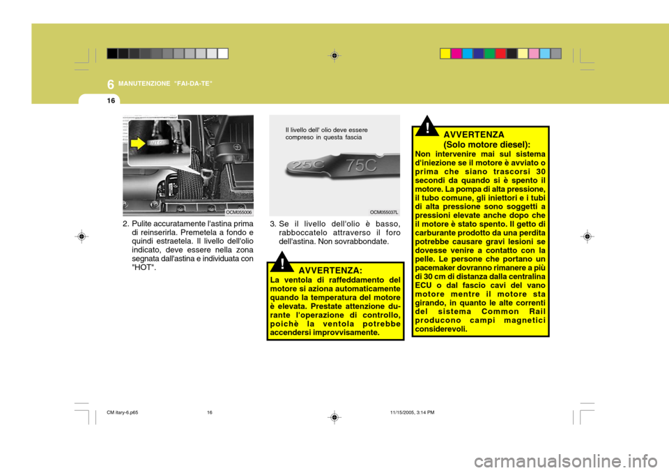 Hyundai Santa Fe 2006  Manuale del proprietario (in Italian) 6
16
MANUTENZIONE "FAI-DA-TE"
!AVVERTENZA (Solo motore diesel):
Non intervenire mai sul sistema diniezione se il motore è avviato oprima che siano trascorsi 30 secondi da quando si è spento il moto