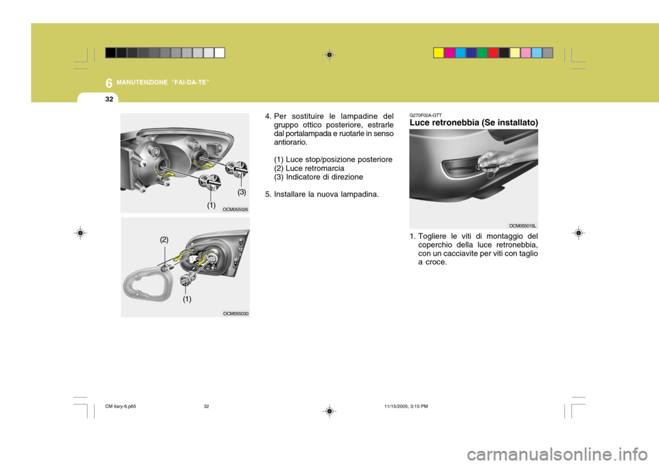 Hyundai Santa Fe 2006  Manuale del proprietario (in Italian) 6
32
MANUTENZIONE "FAI-DA-TE"
1. Togliere le viti di montaggio delcoperchio della luce retronebbia, con un cacciavite per viti con taglio a croce.
G270F02A-GTTLuce retronebbia (Se installato)
OCM05501