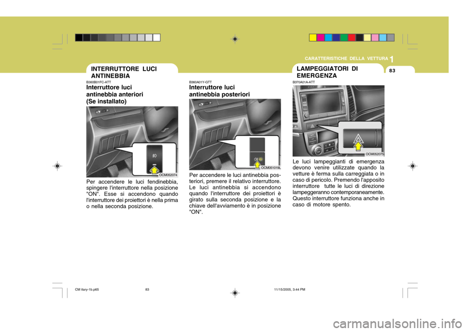 Hyundai Santa Fe 2006  Manuale del proprietario (in Italian) 1
CARATTERISTICHE DELLA VETTURA
83
B360A01Y-GTT Interruttore luci antinebbia posteriori Per accendere le luci antinebbia pos- teriori, premere il relativo interruttore.Le luci antinebbia si accendono 