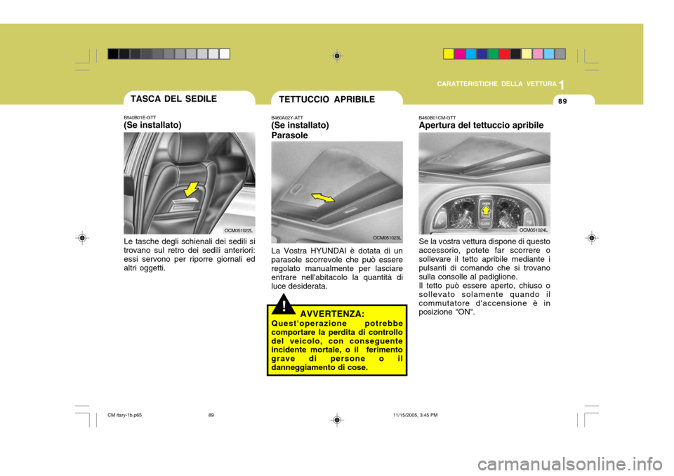 Hyundai Santa Fe 2006  Manuale del proprietario (in Italian) 1
CARATTERISTICHE DELLA VETTURA
89TASCA DEL SEDILE
B540B01E-GTT (Se installato)
Le tasche degli schienali dei sedili si
trovano sul retro dei sedili anteriori: essi servono per riporre giornali ed alt