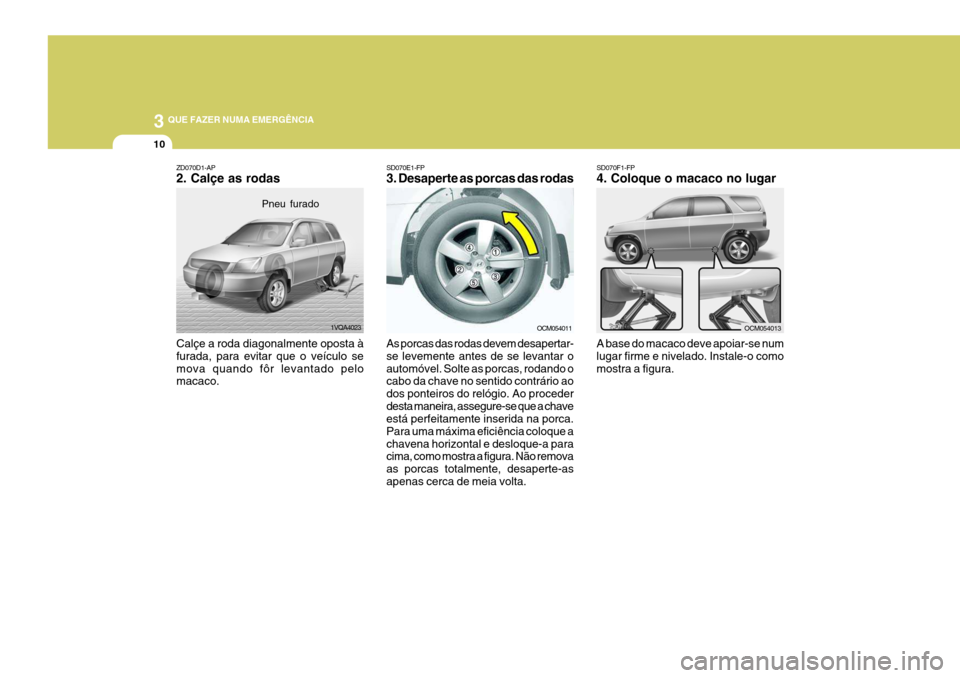 Hyundai Santa Fe 2006  Manual do proprietário (in Portuguese) 3 QUE FAZER NUMA EMERGÊNCIA
10
SD070F1-FP 4. Coloque o macaco no lugar A base do macaco deve apoiar-se num lugar firme e nivelado. Instale-o comomostra a figura.
SD070E1-FP 3. Desaperte as porcas das