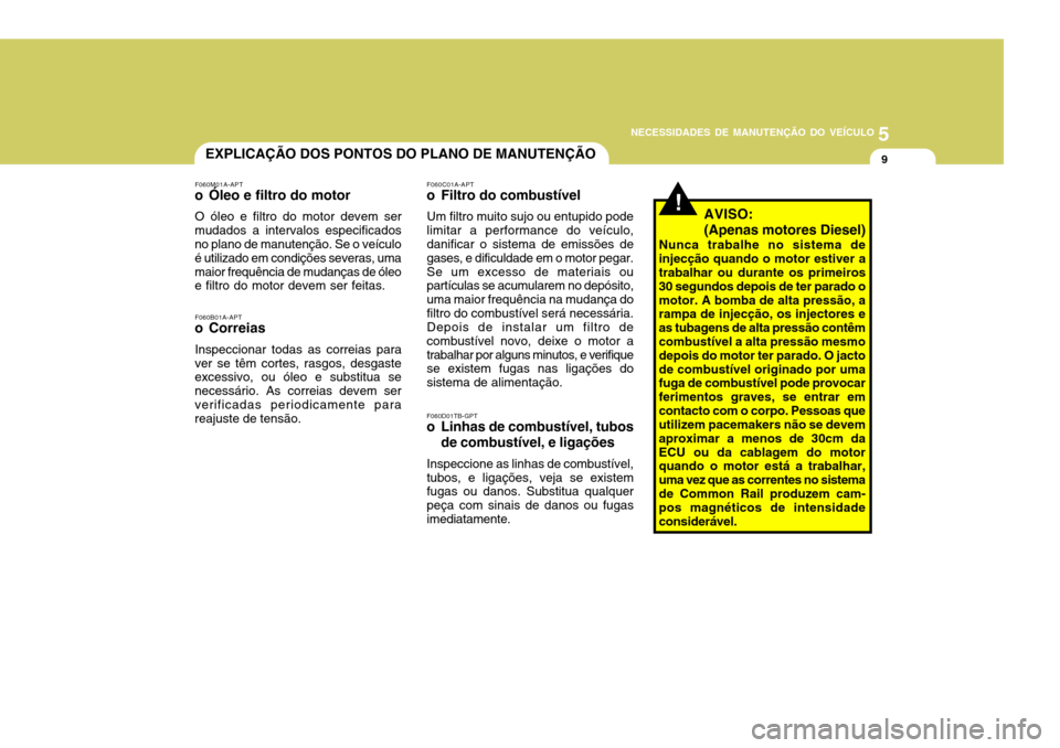 Hyundai Santa Fe 2006 Manual do proprietário (in Portuguese) 5
NECESSIDADES DE MANUTENÇÃO DO VEÍCULO
9EXPLICAÇÃO DOS PONTOS DO PLANO DE MANUTENÇÃO
F060M01A-APT
o Óleo e filtro do motor
O óleo e filtro do motor devem ser
mudados a intervalos especificad Hyundai Santa Fe 2006 Manual do proprietário (in Portuguese) 5
NECESSIDADES DE MANUTENÇÃO DO VEÍCULO
9EXPLICAÇÃO DOS PONTOS DO PLANO DE MANUTENÇÃO
F060M01A-APT
o Óleo e filtro do motor
O óleo e filtro do motor devem ser
mudados a intervalos especificad
