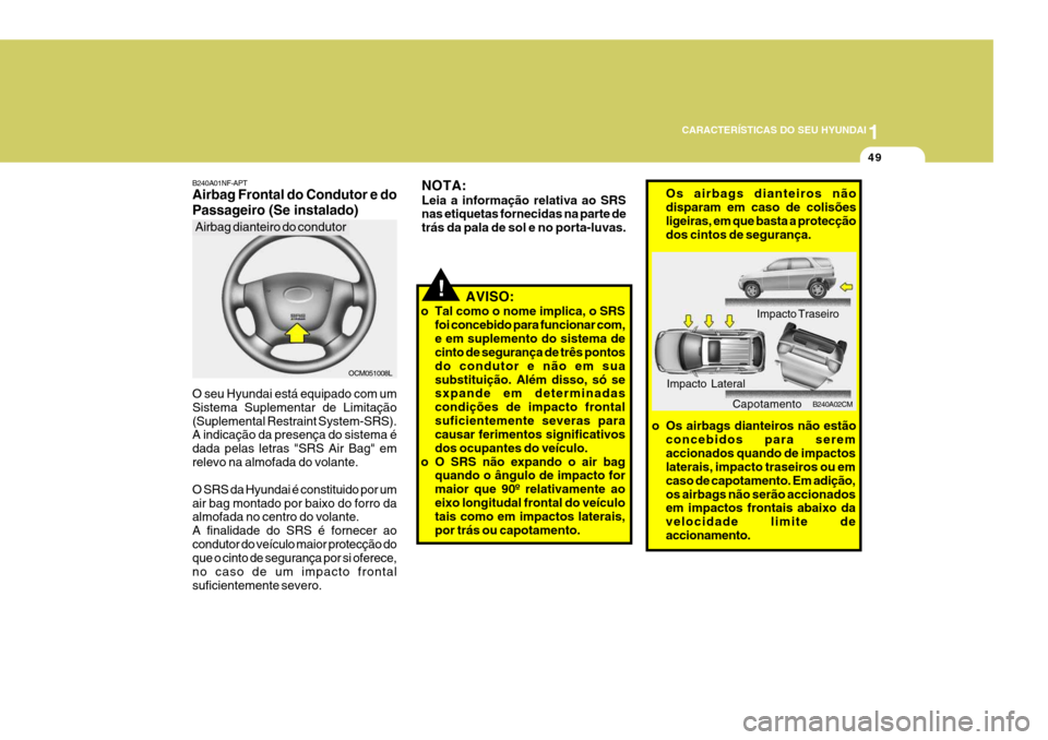 Hyundai Santa Fe 2006 Manual do proprietário (in Portuguese) 1
CARACTERÍSTICAS DO SEU HYUNDAI
49
!
NOTA: Leia a informação relativa ao SRS nas etiquetas fornecidas na parte de trás da pala de sol e no porta-luvas.
AVISO:
o Tal como o nome implica, o SRS foi Hyundai Santa Fe 2006 Manual do proprietário (in Portuguese) 1
CARACTERÍSTICAS DO SEU HYUNDAI
49
!
NOTA: Leia a informação relativa ao SRS nas etiquetas fornecidas na parte de trás da pala de sol e no porta-luvas.
AVISO:
o Tal como o nome implica, o SRS foi