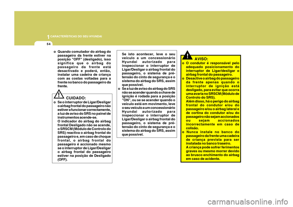 Hyundai Santa Fe 2006 Manual do proprietário (in Portuguese) 1CARACTERÍSTICAS DO SEU HYUNDAI
54
!AVISO:
o O condutor é responsável pelo adequado posicionamento do interruptor de Ligar/desligar o airbag frontal do passageiro.
o Desactive o airbag do passageir Hyundai Santa Fe 2006 Manual do proprietário (in Portuguese) 1CARACTERÍSTICAS DO SEU HYUNDAI
54
!AVISO:
o O condutor é responsável pelo adequado posicionamento do interruptor de Ligar/desligar o airbag frontal do passageiro.
o Desactive o airbag do passageir