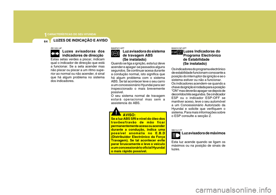 Hyundai Santa Fe 2006 Manual do proprietário (in Portuguese) 1CARACTERÍSTICAS DO SEU HYUNDAI
64LUZES DE INDICAÇÃO E AVISO
!
ZB110G1-AP
Luzes avisadoras dos indicadores de direcção
Estas setas verdes a piscar, indicam qual o indicador de direcção que est Hyundai Santa Fe 2006 Manual do proprietário (in Portuguese) 1CARACTERÍSTICAS DO SEU HYUNDAI
64LUZES DE INDICAÇÃO E AVISO
!
ZB110G1-AP
Luzes avisadoras dos indicadores de direcção
Estas setas verdes a piscar, indicam qual o indicador de direcção que est