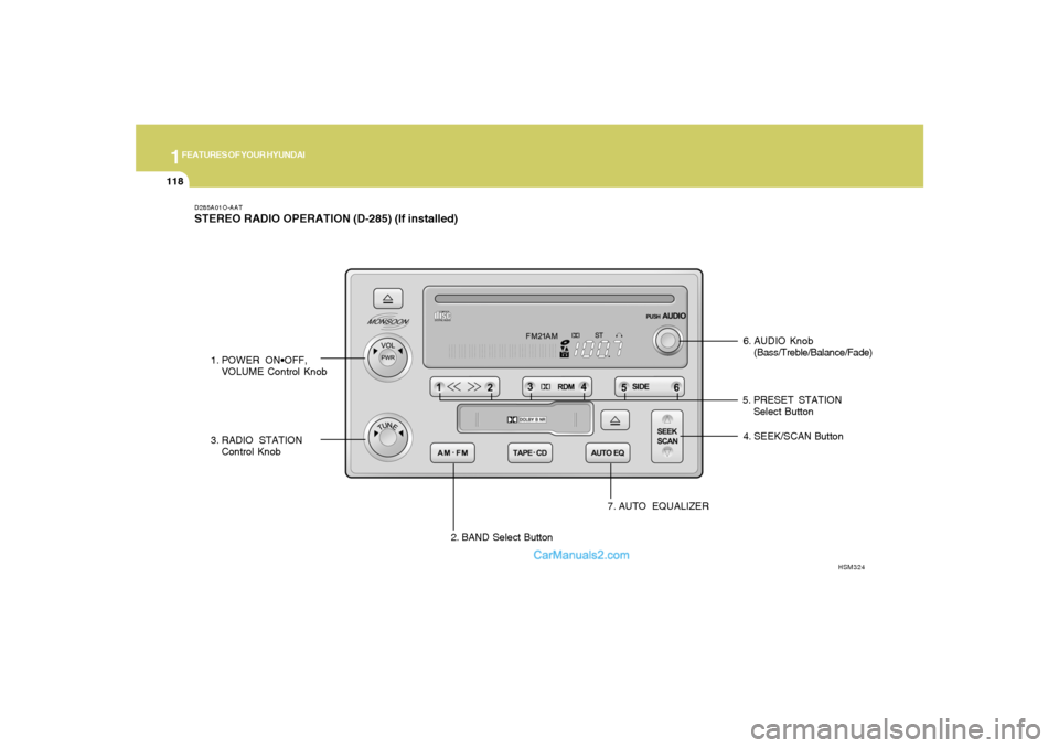 Hyundai Santa Fe 2005  Owners Manual 1FEATURES OF YOUR HYUNDAI
118
D285A01O-AATSTEREO RADIO OPERATION (D-285) (If installed)
6. AUDIO Knob
(Bass/Treble/Balance/Fade)
1. POWER ON
VOLUME Control Knob
2. BAND Select Button 3. RADIO STATION
