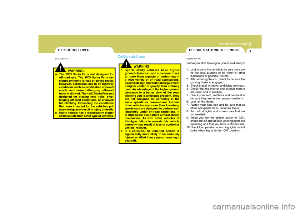Hyundai Santa Fe 2005 Owners Manual 2
DRIVING YOUR HYUNDAI
3
RISK OF ROLLOVER
BEFORE STARTING THE ENGINE
!
!
WARNING:
o The 2WD Santa Fe is not designed for
off-road use. The 4WD Santa Fe is de-
signed primarily for use on paved roads.
Hyundai Santa Fe 2005 Owners Manual 2
DRIVING YOUR HYUNDAI
3
RISK OF ROLLOVER
BEFORE STARTING THE ENGINE
!
!
WARNING:
o The 2WD Santa Fe is not designed for
off-road use. The 4WD Santa Fe is de-
signed primarily for use on paved roads.