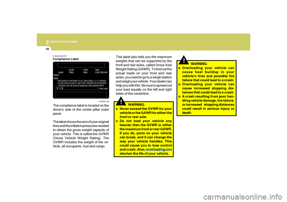 Hyundai Santa Fe 2005 Owners Manual 2
DRIVING YOUR HYUNDAI
30
!
!
This label also tells you the maximum
weights that can be supported by the
front and rear axles, called Gross Axle
Weight Rating (GAWR). To find out the
actual loads on y Hyundai Santa Fe 2005 Owners Manual 2
DRIVING YOUR HYUNDAI
30
!
!
This label also tells you the maximum
weights that can be supported by the
front and rear axles, called Gross Axle
Weight Rating (GAWR). To find out the
actual loads on y