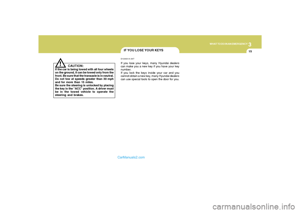 Hyundai Santa Fe 2005  Owners Manual 3
WHAT TO DO IN AN EMERGENCY
15
IF YOU LOSE YOUR KEYSD120A01A-AATIf you lose your keys, many Hyundai dealers
can make you a new key if you have your key
number.
If you lock the keys inside your car an