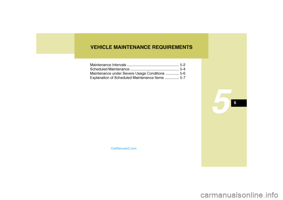 Hyundai Santa Fe 2005  Owners Manual 5
Maintenance Intervals ................................................... 5-2
Scheduled Maintenance ................................................ 5-4
Maintenance under Severe Usage Conditions ...