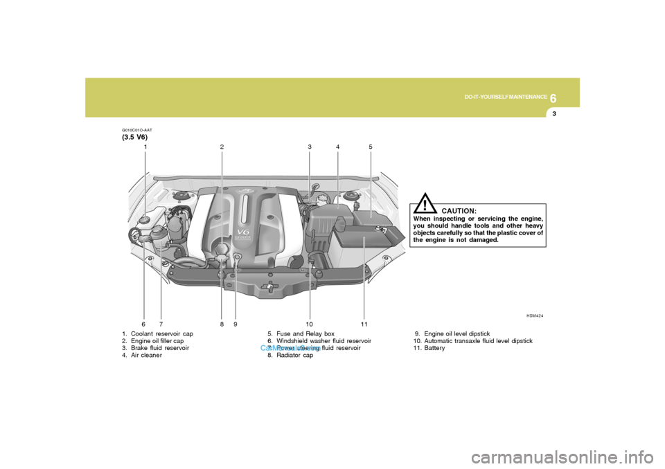Hyundai Santa Fe 2005  Owners Manual 6
DO-IT-YOURSELF MAINTENANCE
3
G010C01O-AAT(3.5 V6)1. Coolant reservoir cap
2. Engine oil filler cap
3. Brake fluid reservoir
4. Air cleaner5. Fuse and Relay box
6. Windshield washer fluid reservoir
7