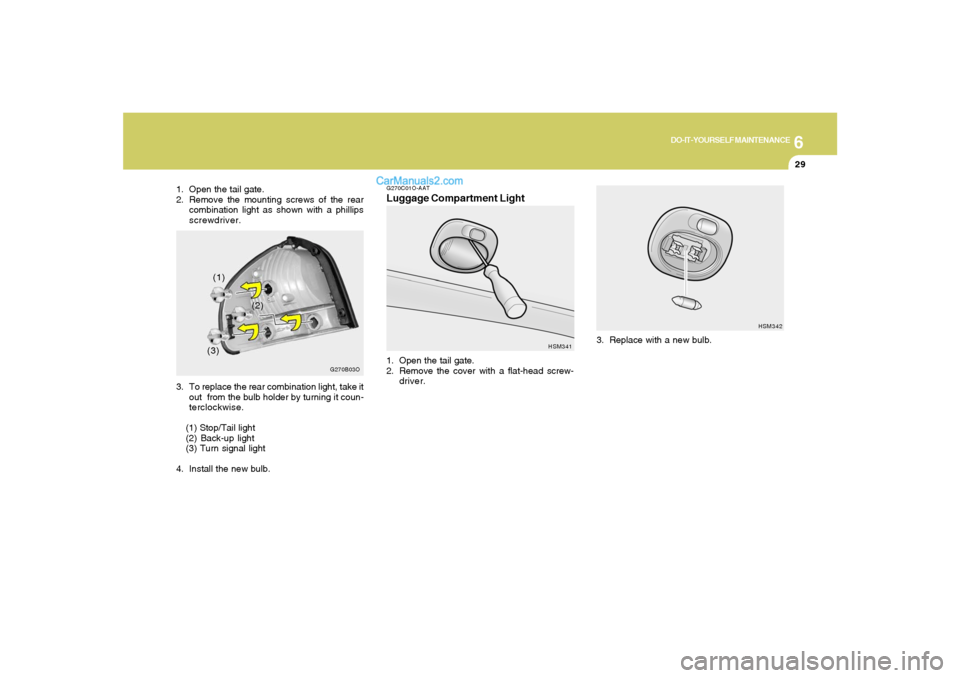 Hyundai Santa Fe 2005  Owners Manual 6
DO-IT-YOURSELF MAINTENANCE
29
HSM342
3. Replace with a new bulb.
G270C01O-AATLuggage Compartment Light1. Open the tail gate.
2. Remove the cover with a flat-head screw-
driver.
HSM341
1. Open the ta