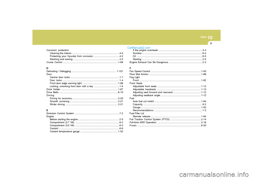 Hyundai Santa Fe 2005  Owners Manual 10
INDEX
3
Corrosion protection
Cleaning the interior....................................................................... 4-5
Protecting your Hyundai from corrosion.................................