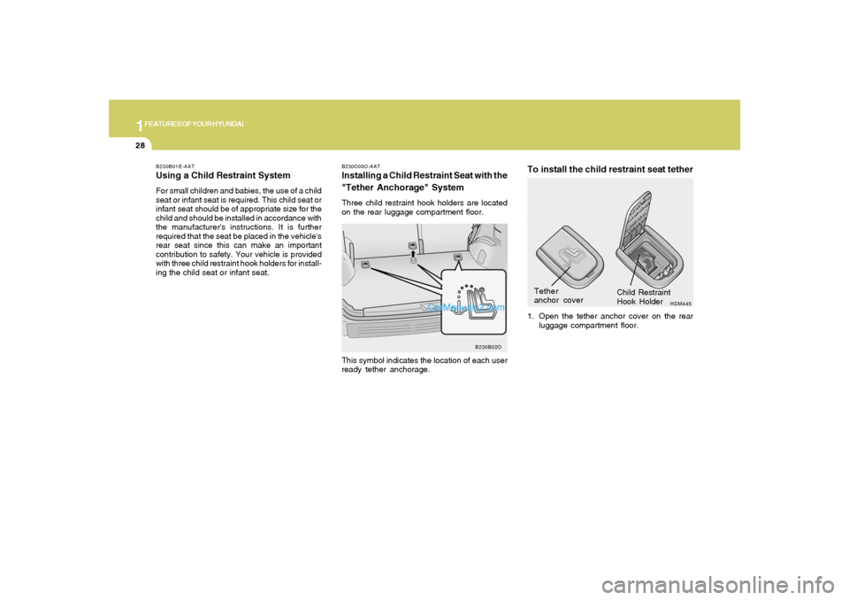 Hyundai Santa Fe 2005  Owners Manual 1FEATURES OF YOUR HYUNDAI28
B230C05O-AATInstalling a Child Restraint Seat with the
"Tether Anchorage" SystemThree child restraint hook holders are located
on the rear luggage compartment floor.
HSM445