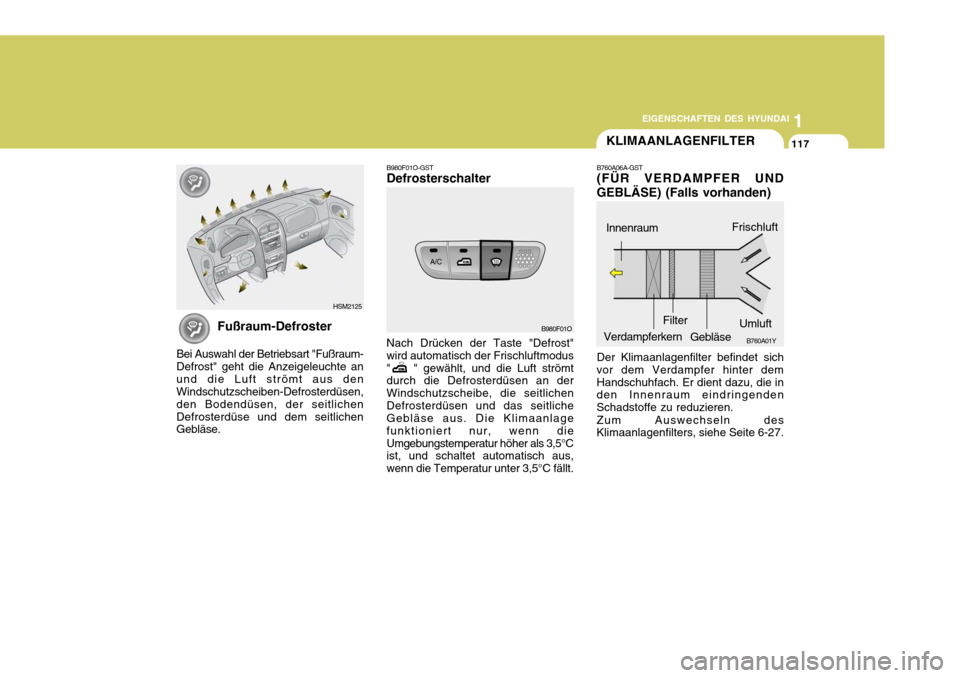 Hyundai Santa Fe 2005  Betriebsanleitung (in German) 1
EIGENSCHAFTEN DES HYUNDAI
117KLIMAANLAGENFILTER
B760A06A-GST (FÜR VERDAMPFER UND
GEBLÄSE) (Falls vorhanden)
Der Klimaanlagenfilter befindet sich
vor dem Verdampfer hinter dem Handschuhfach. Er die