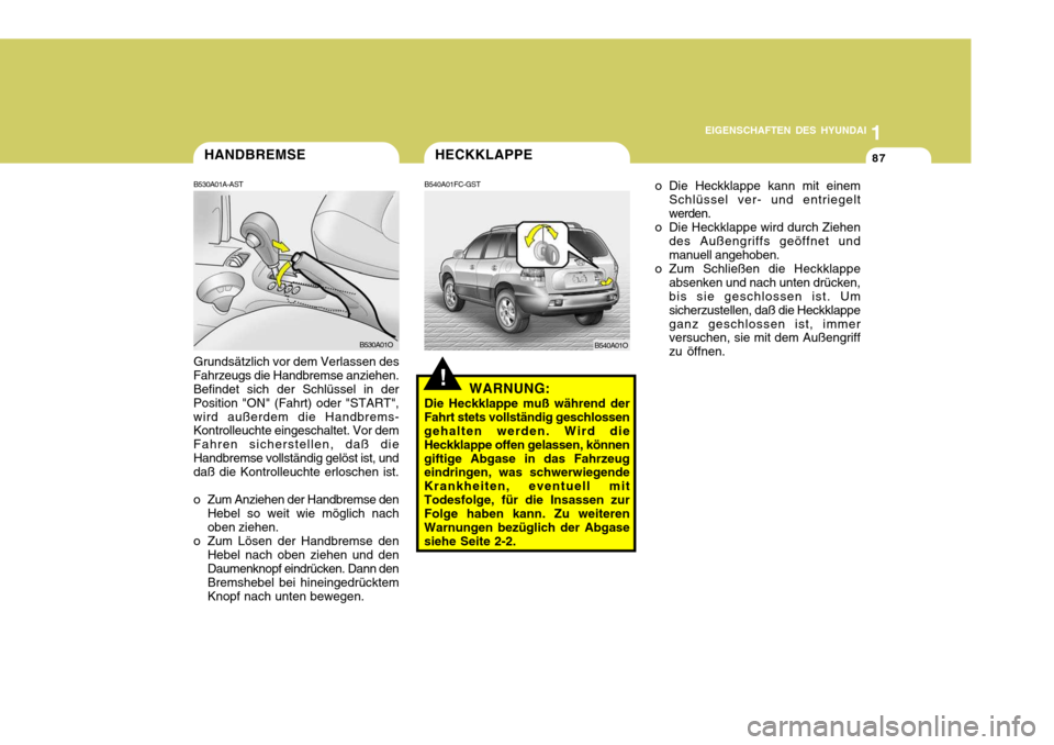 Hyundai Santa Fe 2005  Betriebsanleitung (in German) 1
EIGENSCHAFTEN DES HYUNDAI
87
o Die Heckklappe kann mit einem
Schlüssel ver- und entriegelt werden.
o Die Heckklappe wird durch Ziehen
des Außengriffs geöffnet undmanuell angehoben.
o Zum Schließ