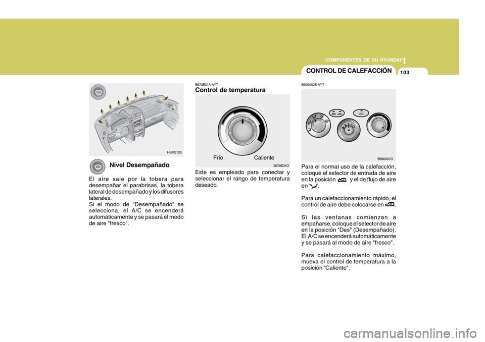 Hyundai Santa Fe 2005  Manual del propietario (in Spanish) 1
COMPONENTES DE SU HYUNDAI
103CONTROL DE CALEFACCIÓN
B670E01O
Frío
Caliente
HSM2126B670E01A-AYT Control de temperatura Este es empleado para conectar y seleccionar el rango de temperatura deseado.
