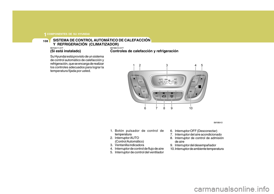 Hyundai Santa Fe 2005  Manual del propietario (in Spanish) 1COMPONENTES DE SU HYUNDAI
108SISTEMA DE CONTROL AUTOMÁTICO DE CALEFACCIÓN Y REFRIGERACIÓN (CLIMATIZADOR)
B970A01Y-AYT (Si está instalado) Su Hyundai está provisto de un sistema de control autom