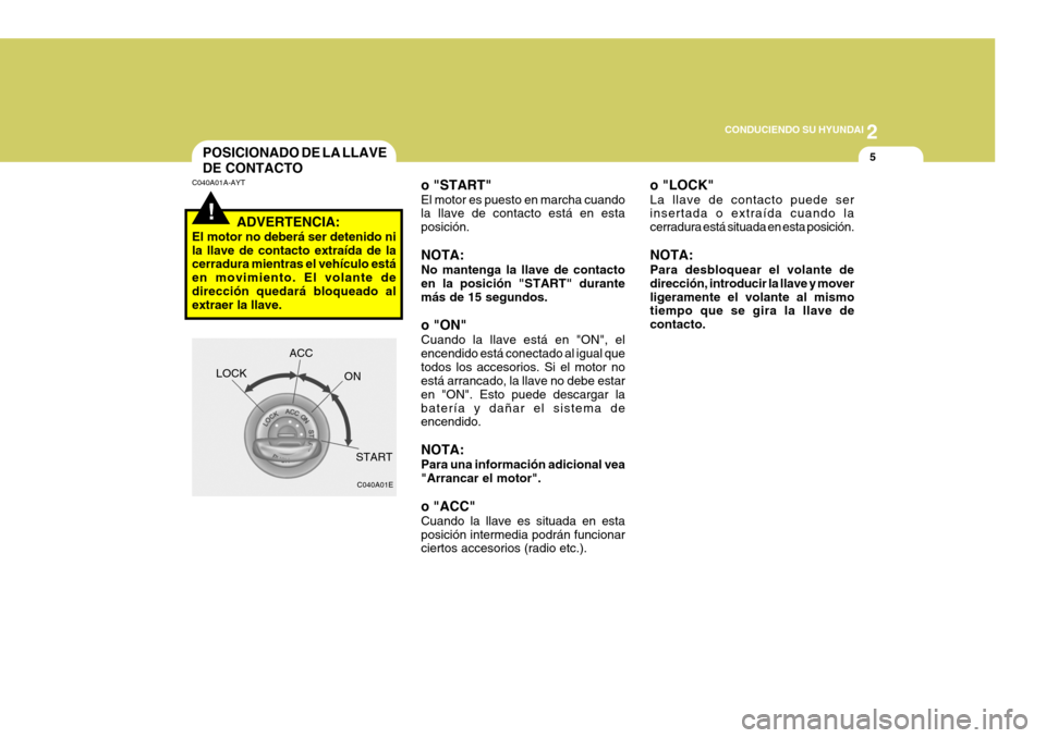 Hyundai Santa Fe 2005 Manual del propietario (in Spanish) 2
CONDUCIENDO SU HYUNDAI
5
!
POSICIONADO DE LA LLAVE DE CONTACTO
C040A01A-AYT
C040A01E
LOCK
ACC
ON
START
ADVERTENCIA:
El motor no deberá ser detenido ni la llave de contacto extraída de la cerradur Hyundai Santa Fe 2005 Manual del propietario (in Spanish) 2
CONDUCIENDO SU HYUNDAI
5
!
POSICIONADO DE LA LLAVE DE CONTACTO
C040A01A-AYT
C040A01E
LOCK
ACC
ON
START
ADVERTENCIA:
El motor no deberá ser detenido ni la llave de contacto extraída de la cerradur