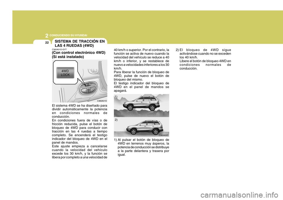 Hyundai Santa Fe 2005 Manual del propietario (in Spanish) 2
22
CONDUCIENDO SU HYUNDAI
2) El bloqueo de 4WD sigueactivándose cuando no se exceden los 40 km/h. Libere el botón de bloqueo 4WD en condiciones normales deconducción.
SISTEMA DE TRACCIÓN EN LAS Hyundai Santa Fe 2005 Manual del propietario (in Spanish) 2
22
CONDUCIENDO SU HYUNDAI
2) El bloqueo de 4WD sigueactivándose cuando no se exceden los 40 km/h. Libere el botón de bloqueo 4WD en condiciones normales deconducción.
SISTEMA DE TRACCIÓN EN LAS